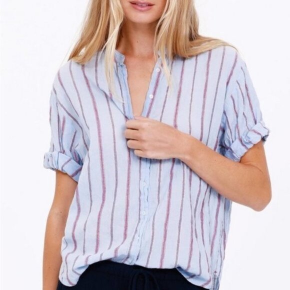 XiRENA Tops - Xirena Kayden Short Sleeve Top Sky Blue with Rust Vertical Stripes XS
